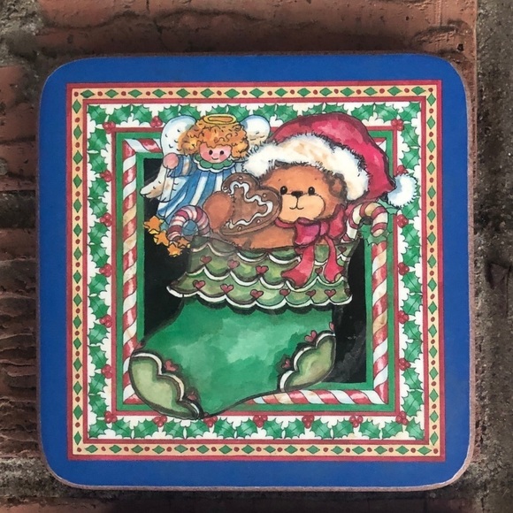 Set of 5 Pimpernel Christmas Stockings Teddy Bears & Toys Cork Back Coasters - Picture 6 of 8